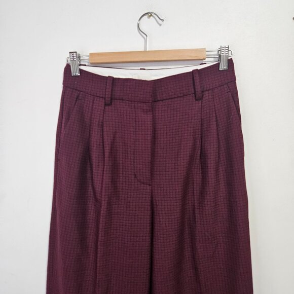 Aritzia Wilfred Effortless Pleated Wide Leg Trouser Pants Sz 6 Plaid Burgundy - Picture 2 of 10